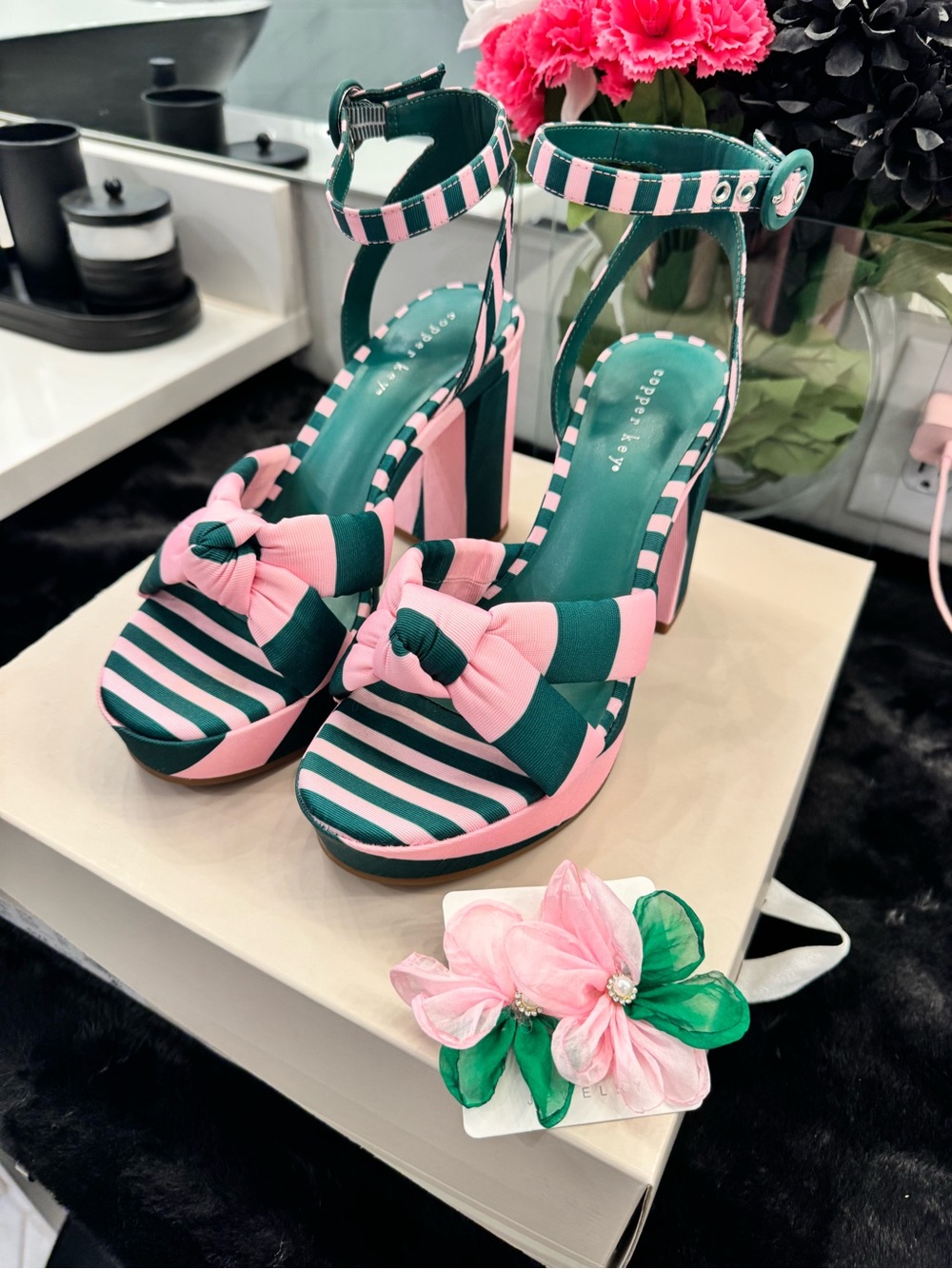 Copper Key Pink and Green Striped Bow Ankle-Strap Heels - Picture 4 of 8